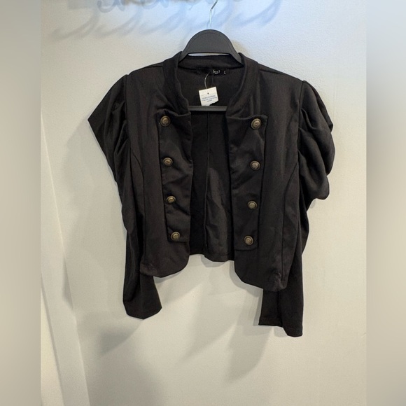 Love J Black Military Anchor Brass Tone Buttons Crop Blazer with Puff Sleeves - Picture 9 of 11